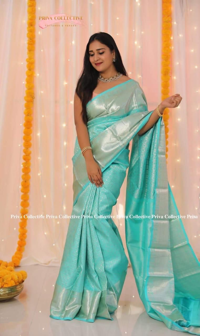 Cyan Soft Lichi Silk Cloth  Saree