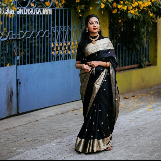 Black  Soft Lichi Silk Cloth  Saree