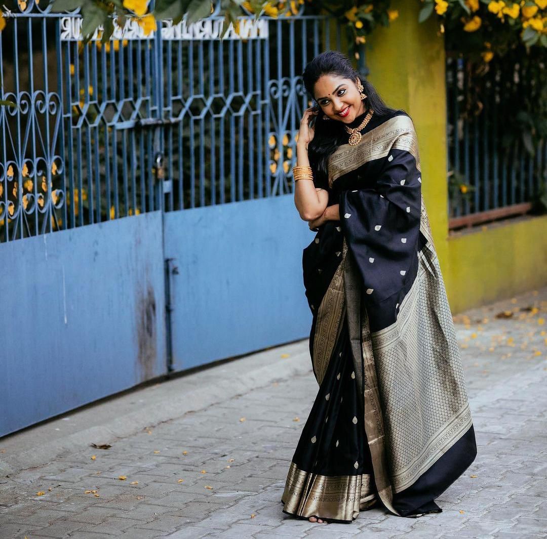 Black  Soft Lichi Silk Cloth  Saree