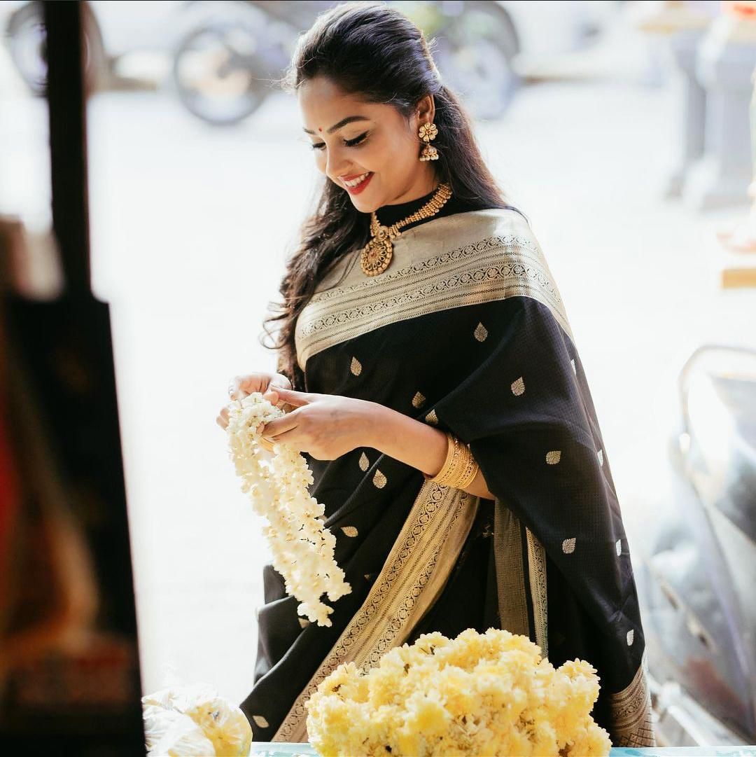 Black  Soft Lichi Silk Cloth  Saree