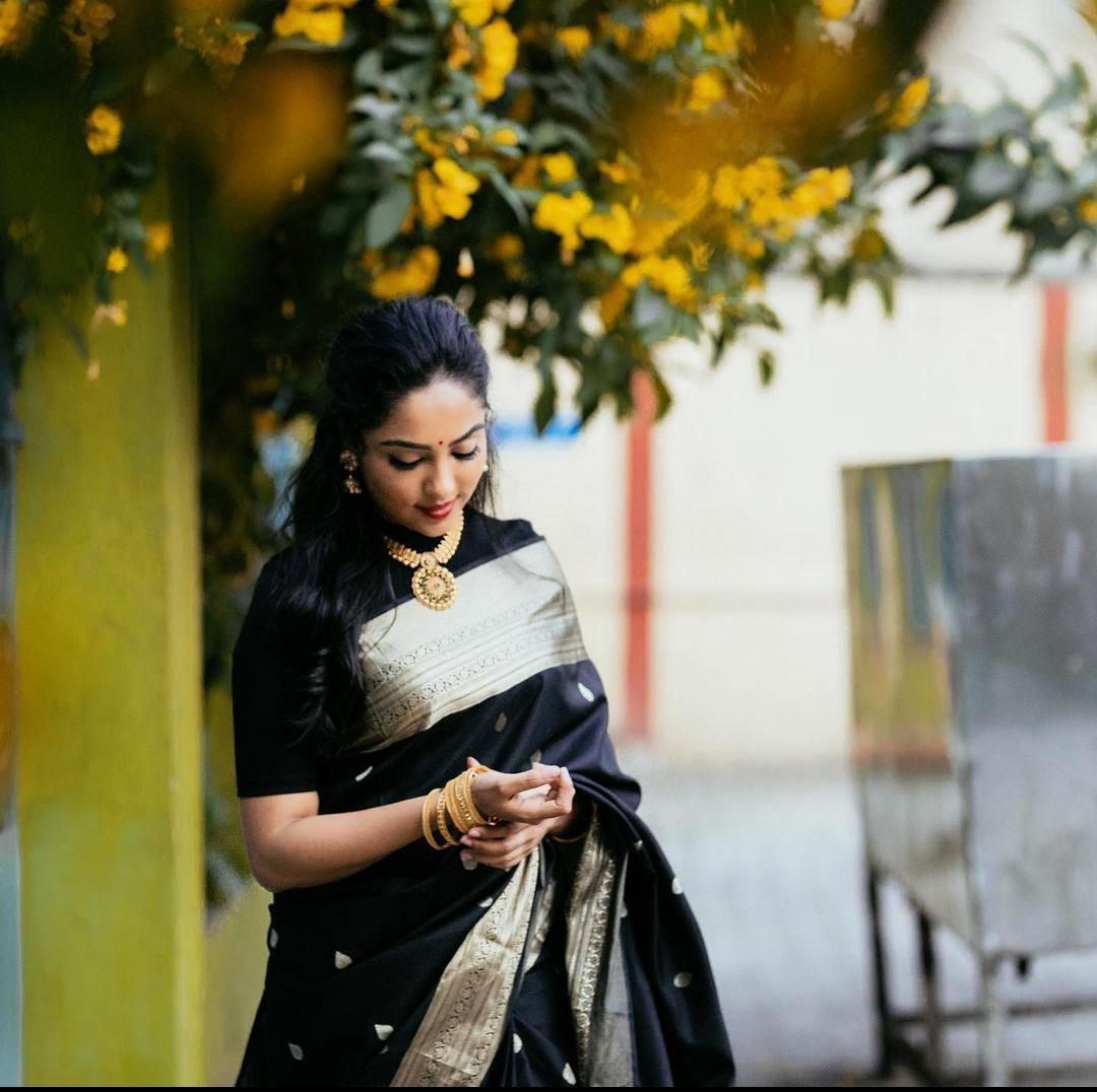 Black  Soft Lichi Silk Cloth  Saree