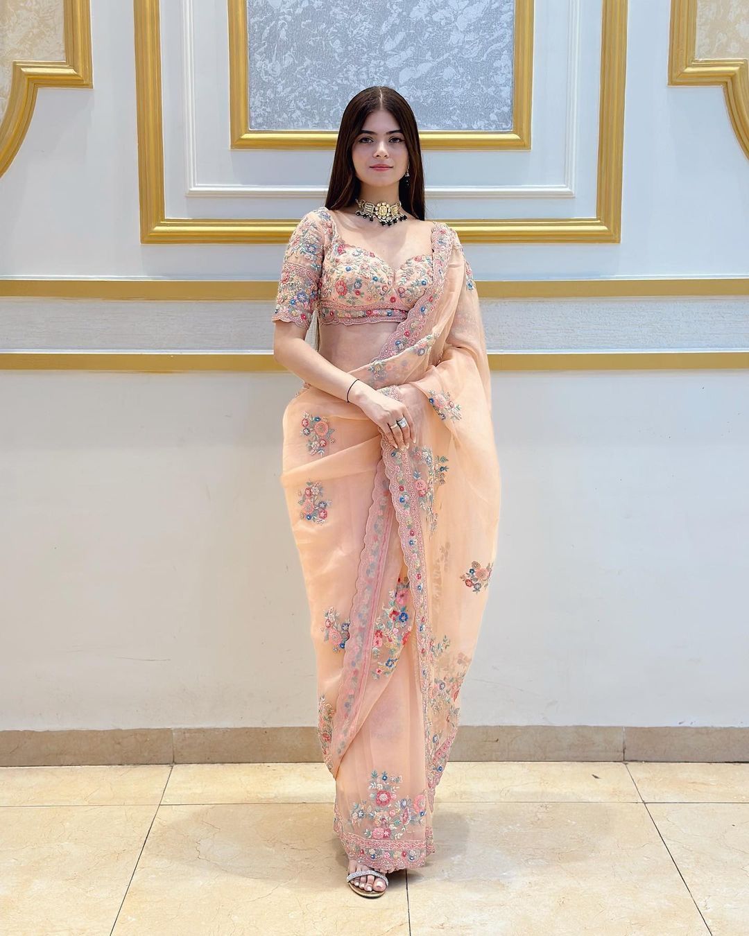 Peach Net Designer Saree