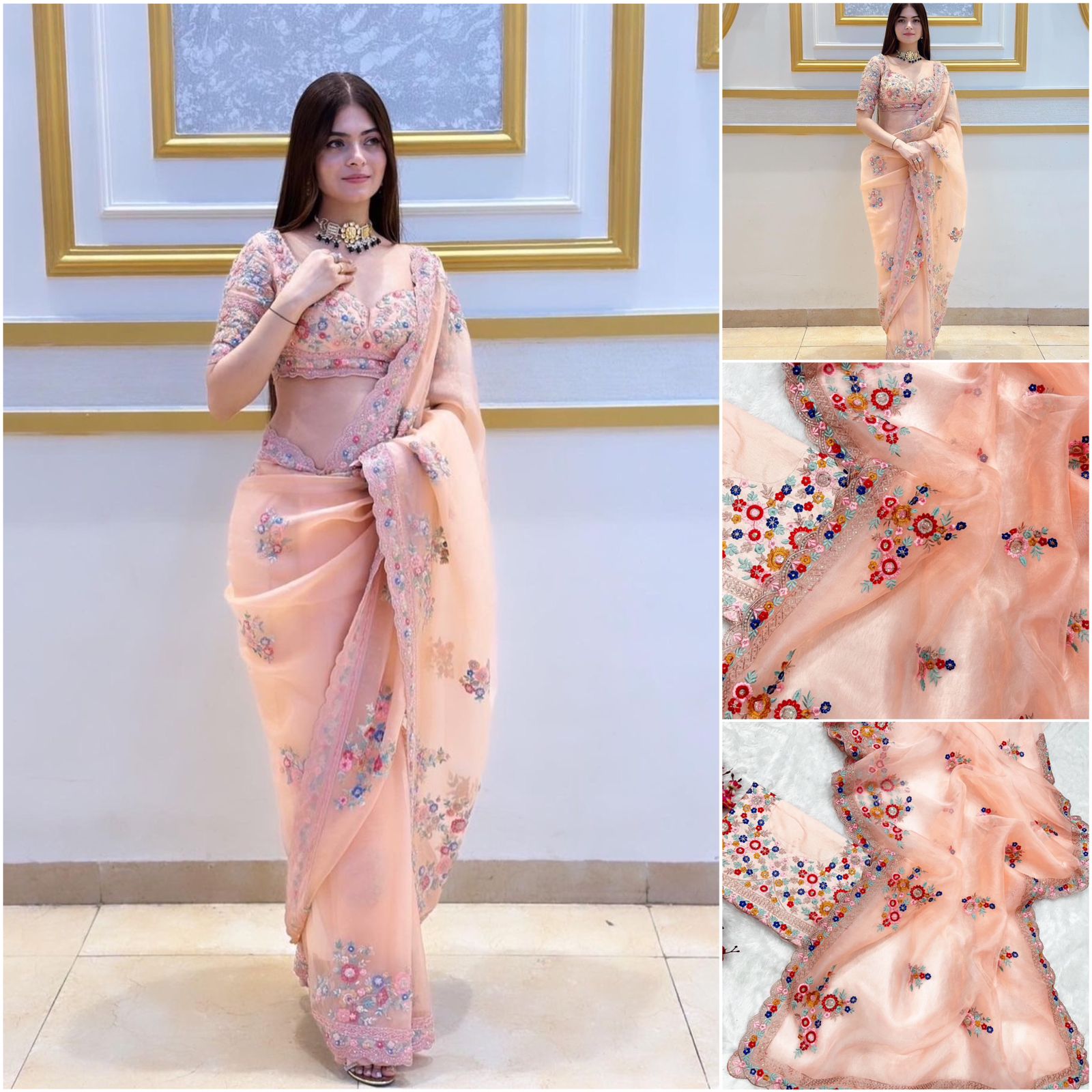 Peach Colour Silk Saree with Contrast Blouse | Designer Saree with Price