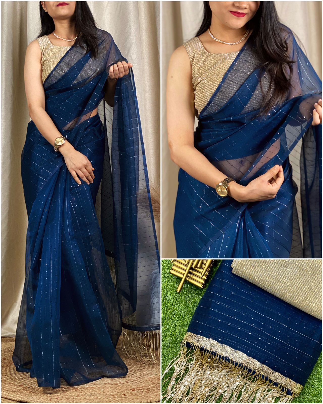 Buy Attractive Blue Zari Weaving Organza Designer Saree From Zeel Clothing