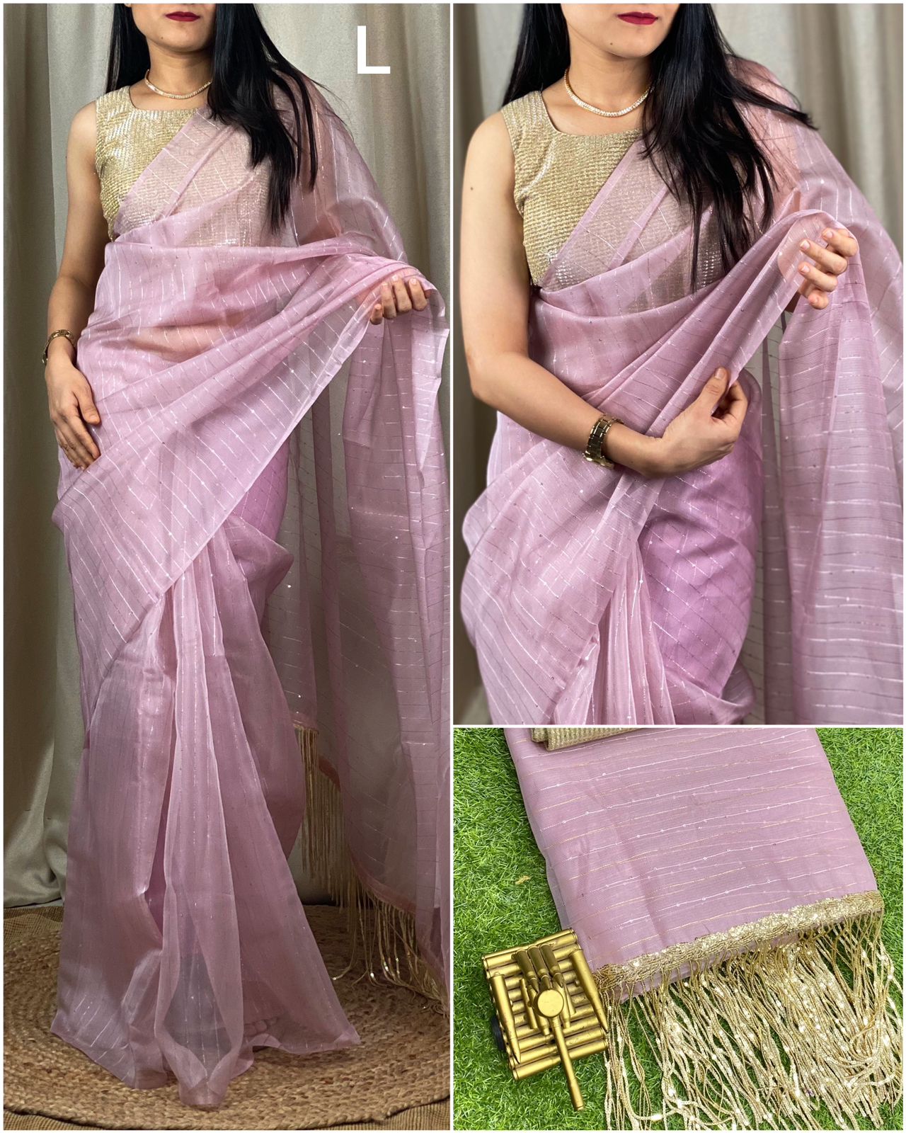 Golden Sequin Tussles In Pallu.  Silver Zari  Saree