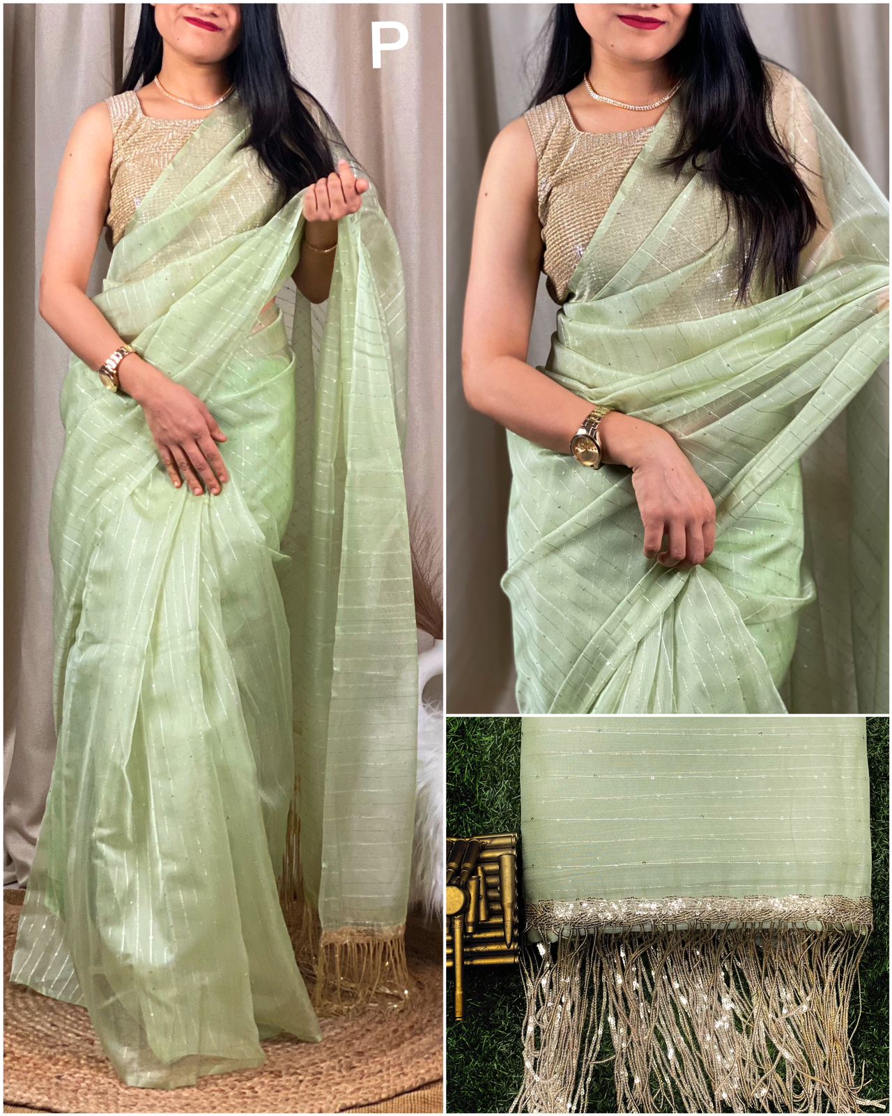 Golden Sequin Tussles In Pallu.  Silver Zari  Saree