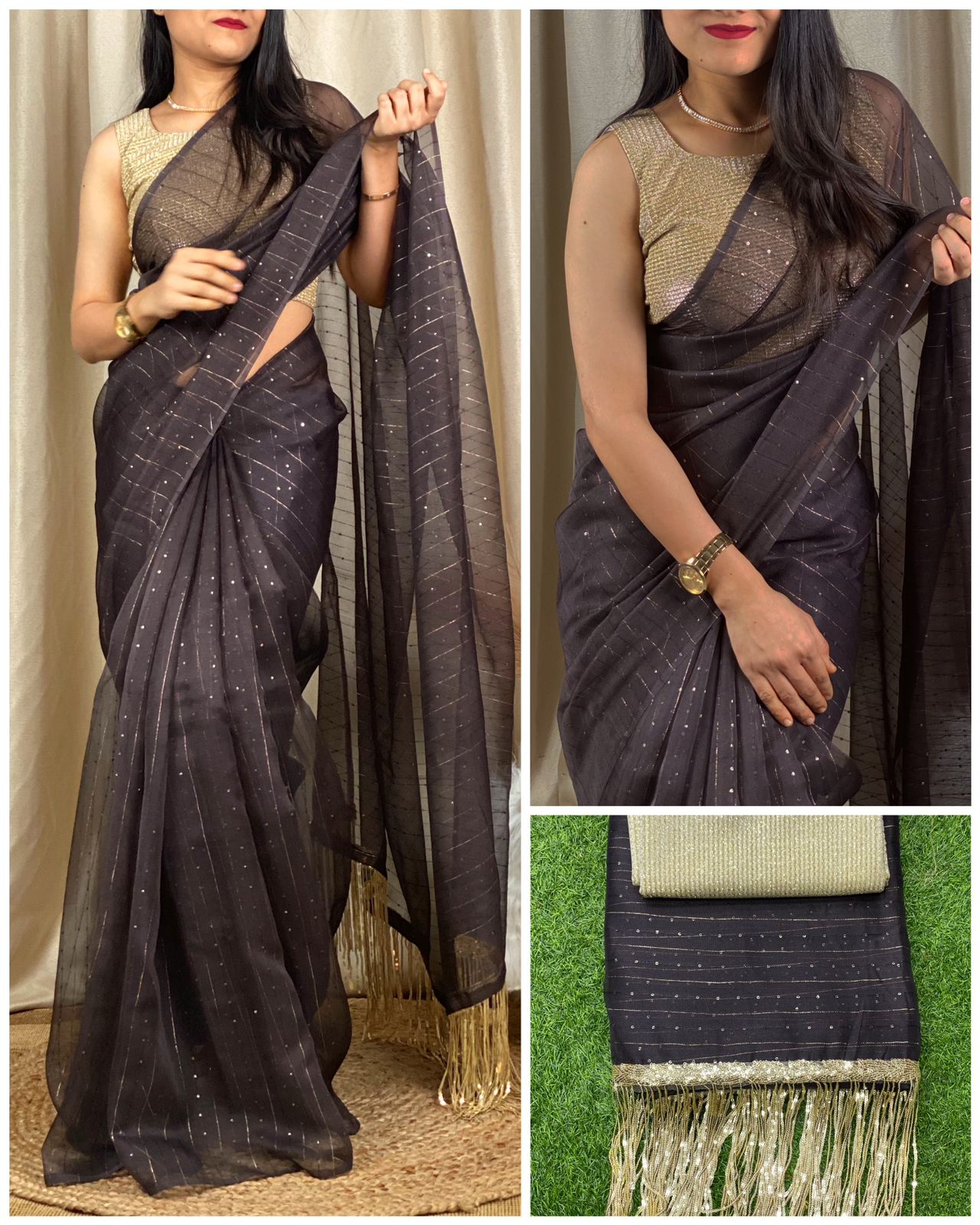 Golden Sequin Tussles In Pallu.  Silver Zari  Saree