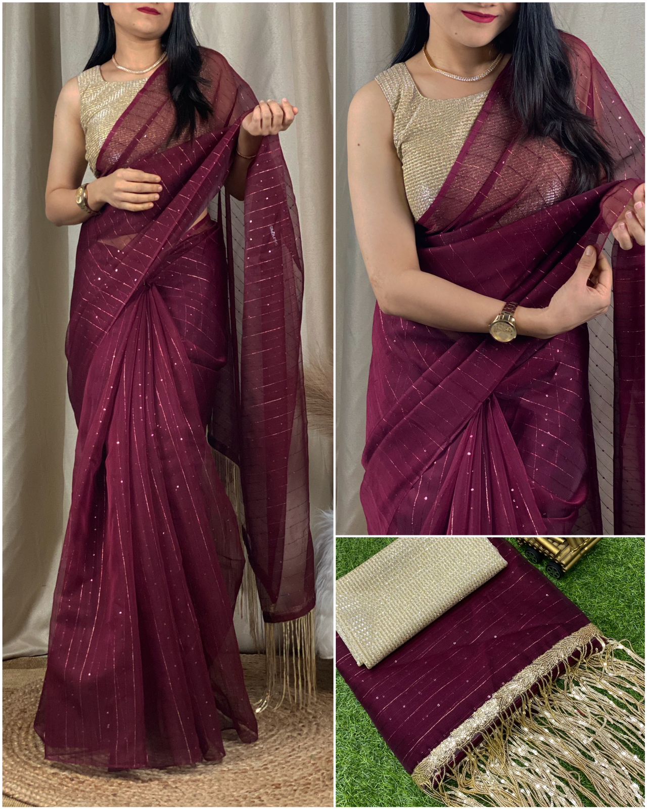 Golden Sequin Tussles In Pallu.  Silver Zari  Saree