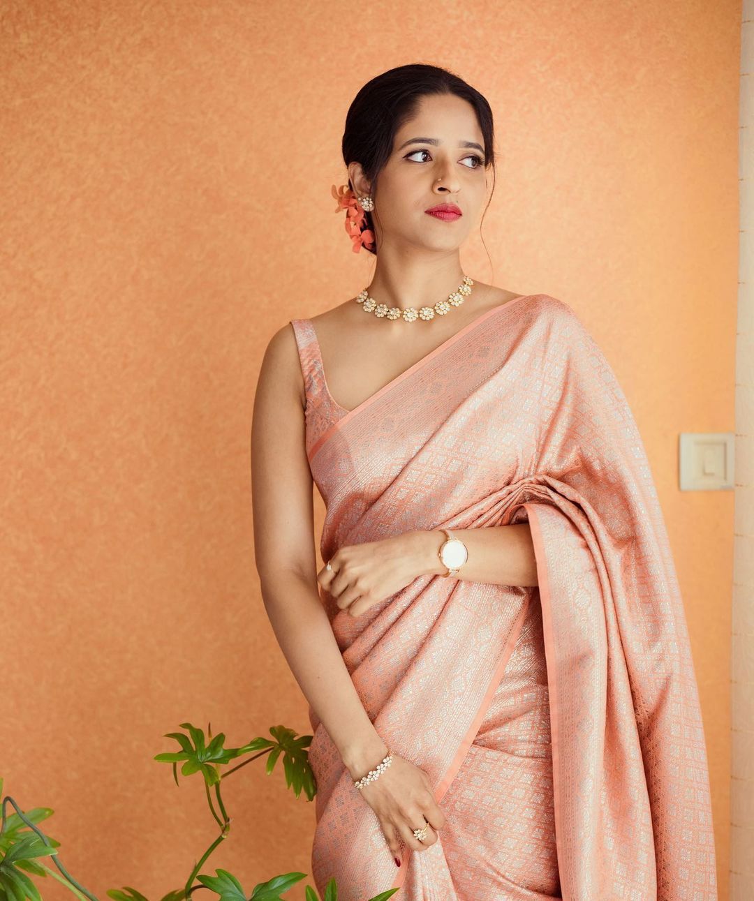 Peach  Soft Lichi Silk Cloth  Saree