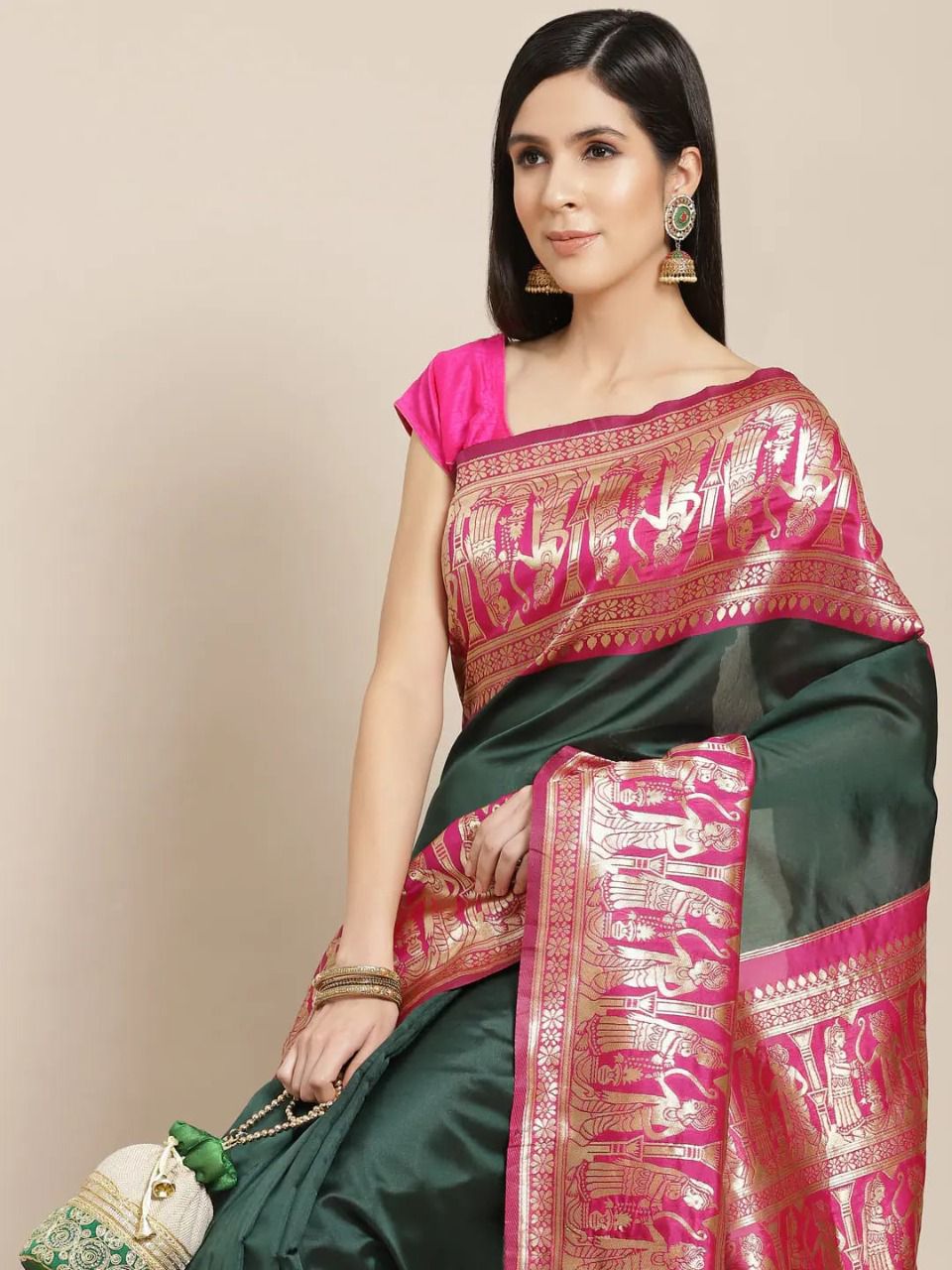 Green  Beautiful Soft Lichi Silk Saree