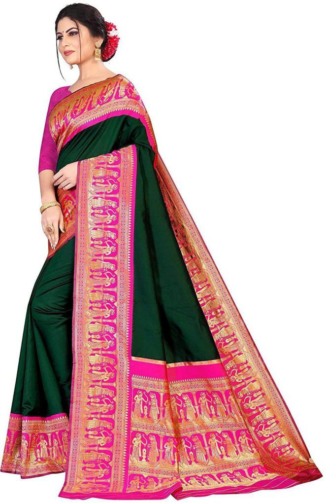 Green  Beautiful Soft Lichi Silk Saree