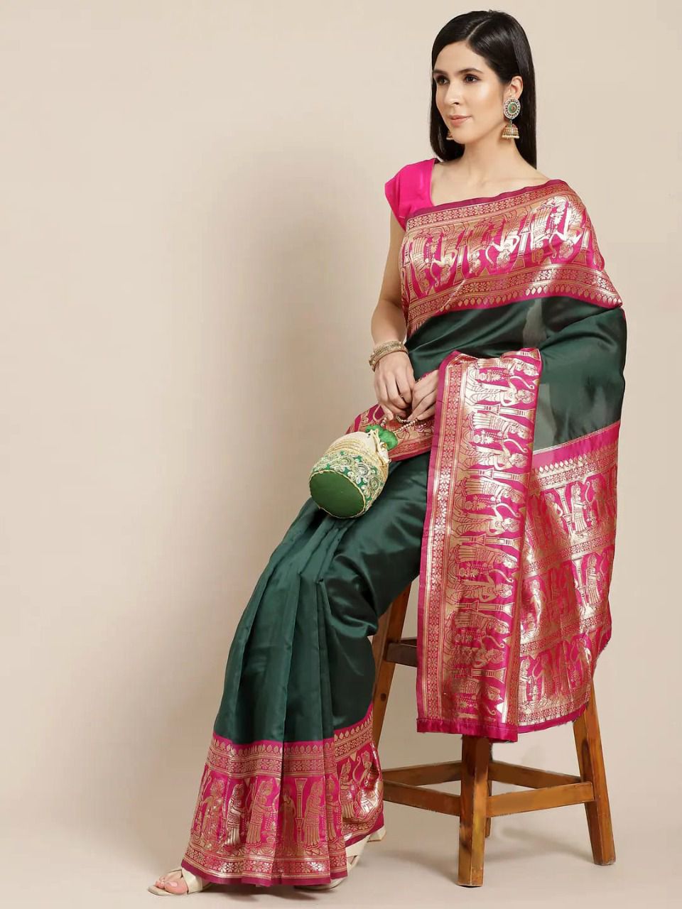 Green  Beautiful Soft Lichi Silk Saree