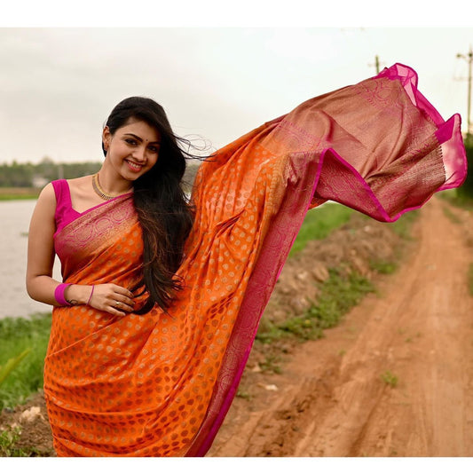 Orange  Soft Lichi Silk  Saree