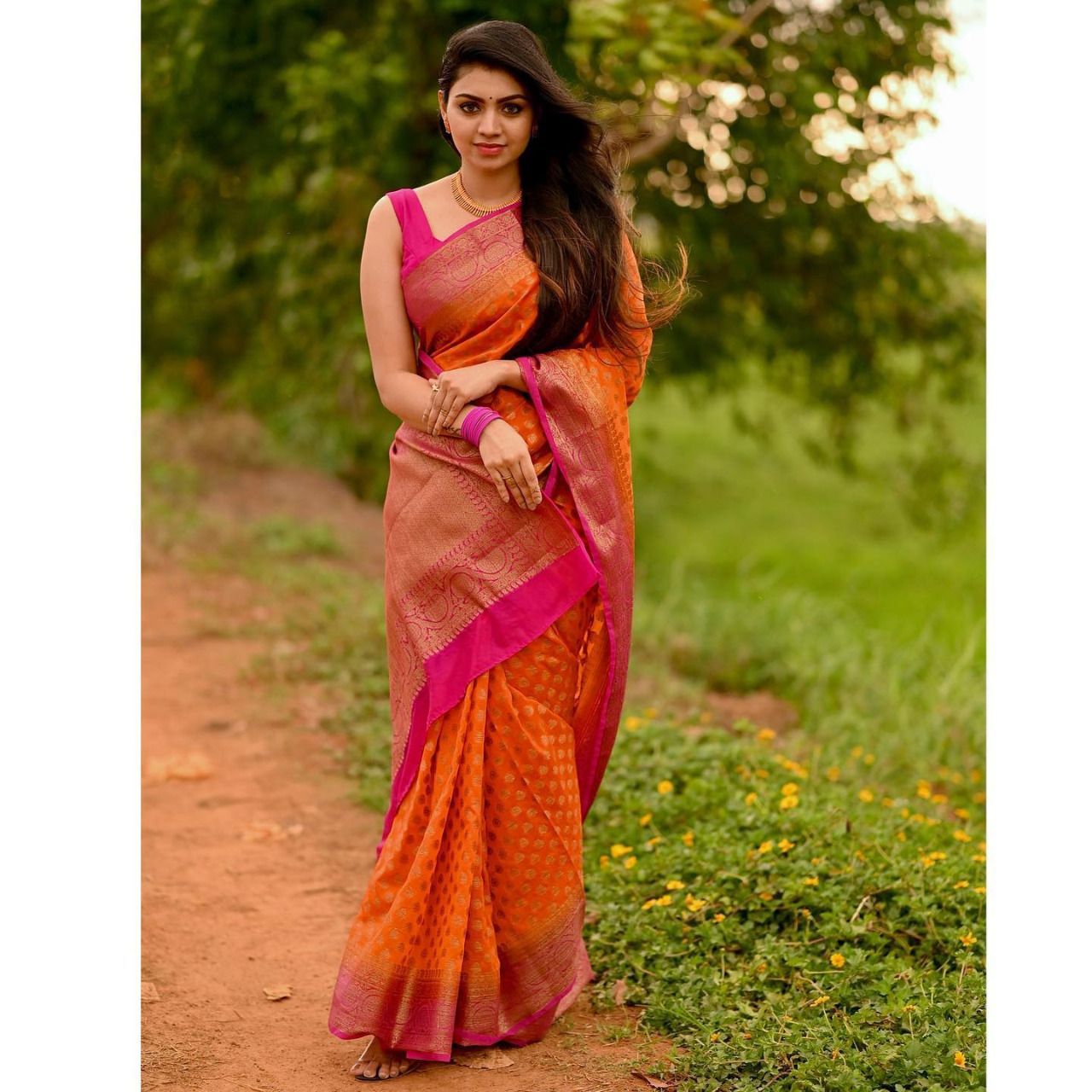 Woven Orange-Blue Banarasi Silk Saree With Blouse