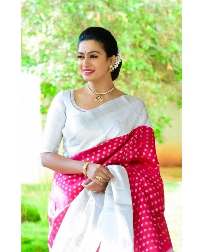 White Pink  Soft Lichi Silk  Saree