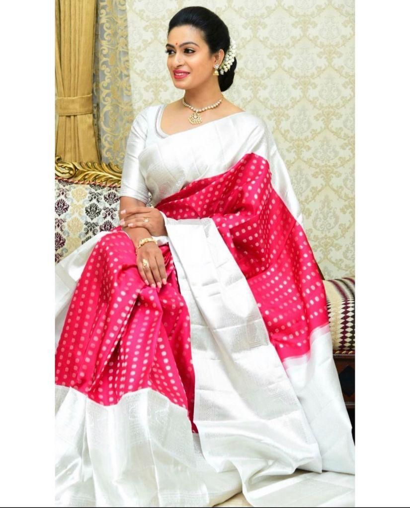 White Pink  Soft Lichi Silk  Saree