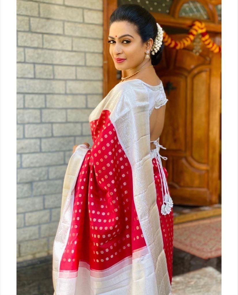 White Pink  Soft Lichi Silk  Saree