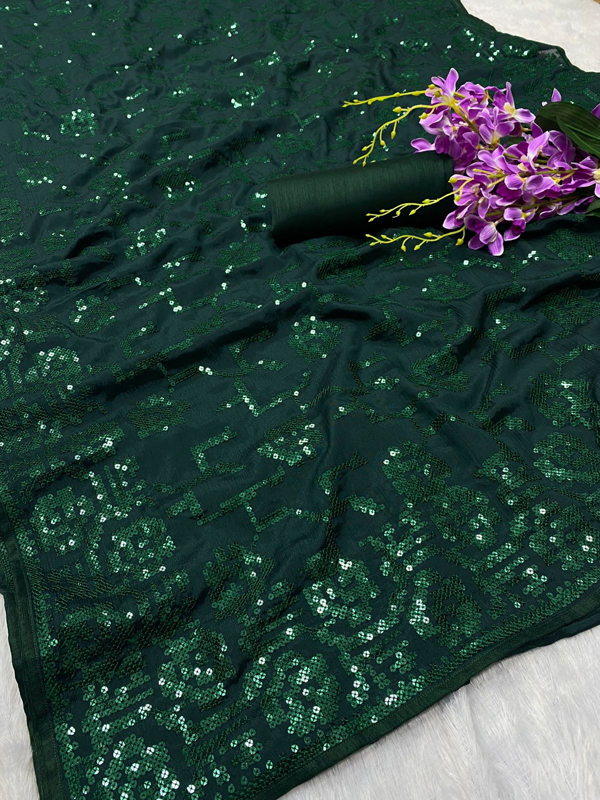 Heavy Soft Shiny Chinnon Silk  Designer Saree