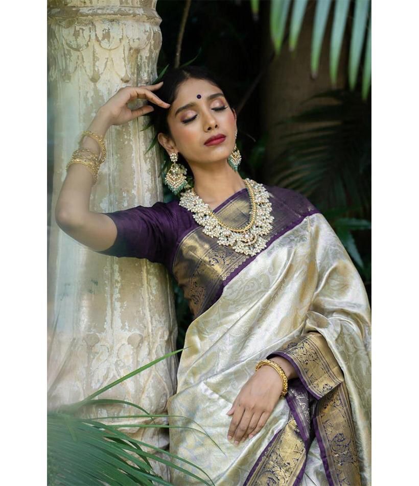 Off White Soft Silk Jacquard Woven Saree with Blouse » BRITHIKA Luxury  Fashion