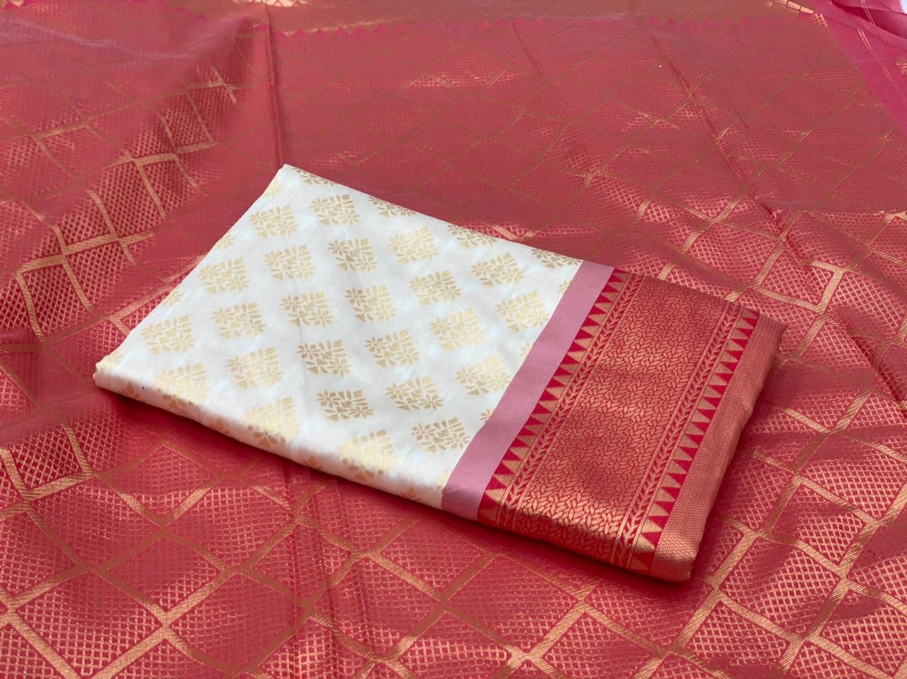 Pink White Soft Lichi Silk Cloth  Saree