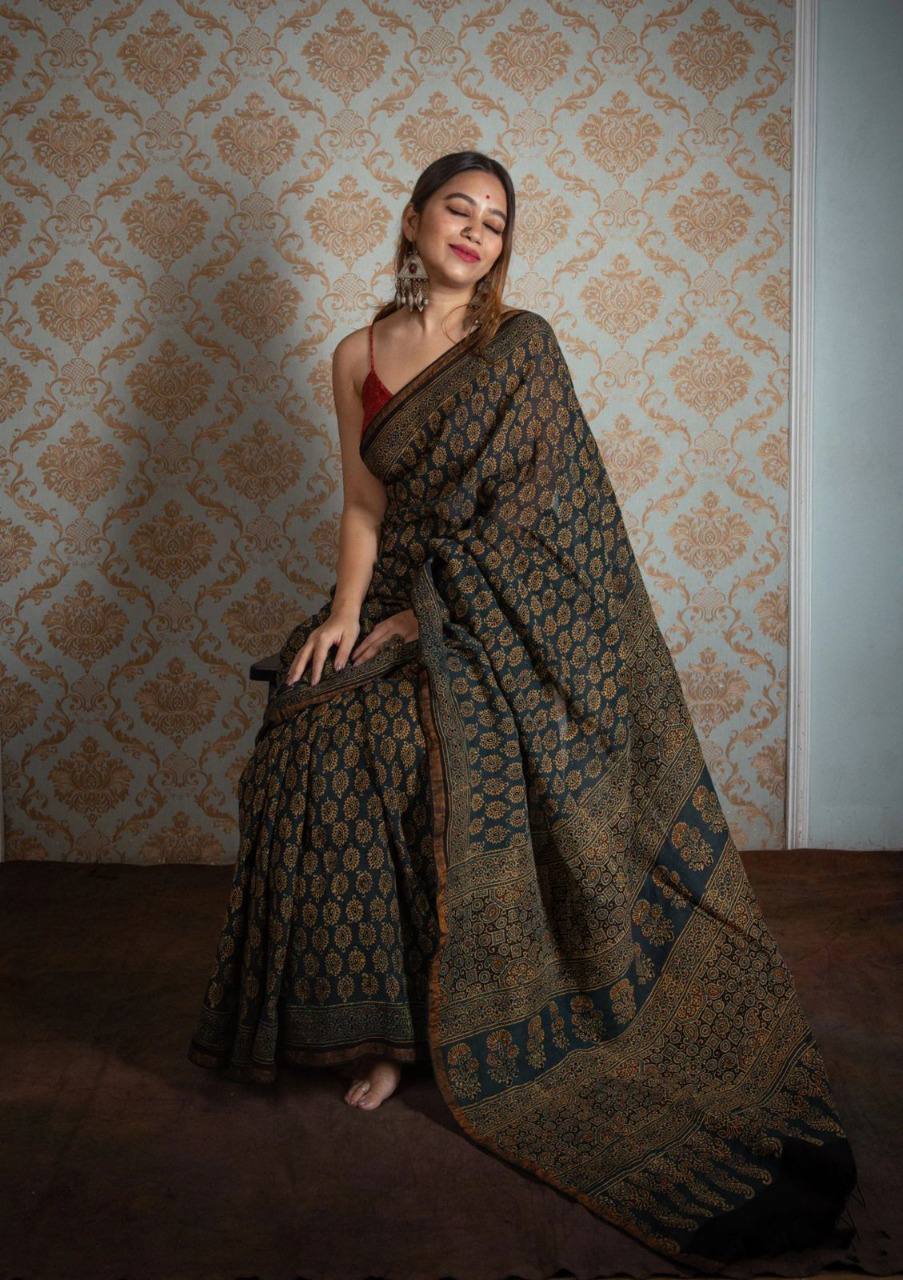 Ajrakh Handblock  Green Copper Zari Saree