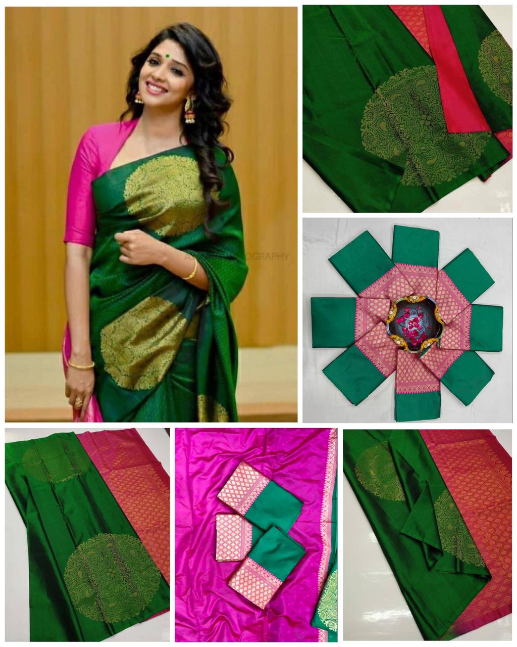 Green  Soft Lichi Silk Cloth  Saree