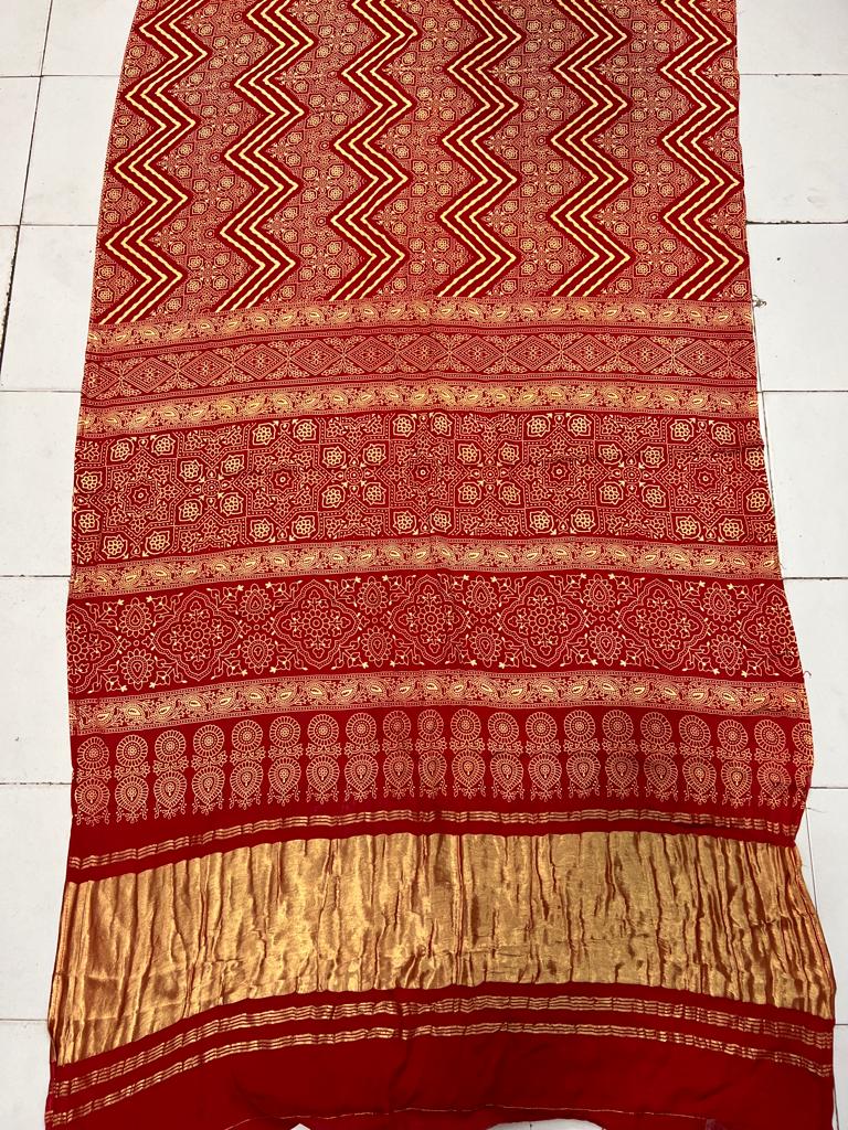 Beautiful Designer Pure Lagdi Gajji Soft Silk Ajrakh Bandhej Saree