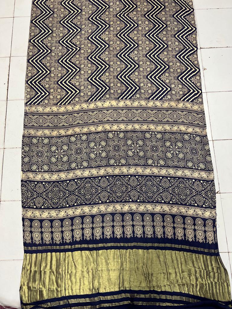 New Modal Gajji Silk  Ajrakh Print With Bandhani Saree