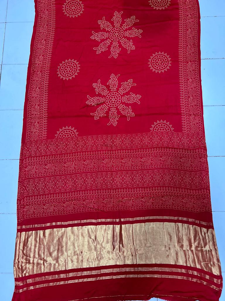 New Modal Gajji Silk  Ajrakh Print With Bandhani Saree