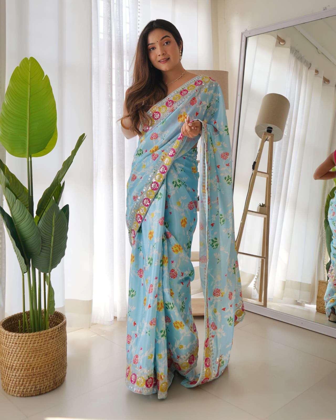 Soft Shiny Chinnon Silk  Print & Designer Sequence  Saree