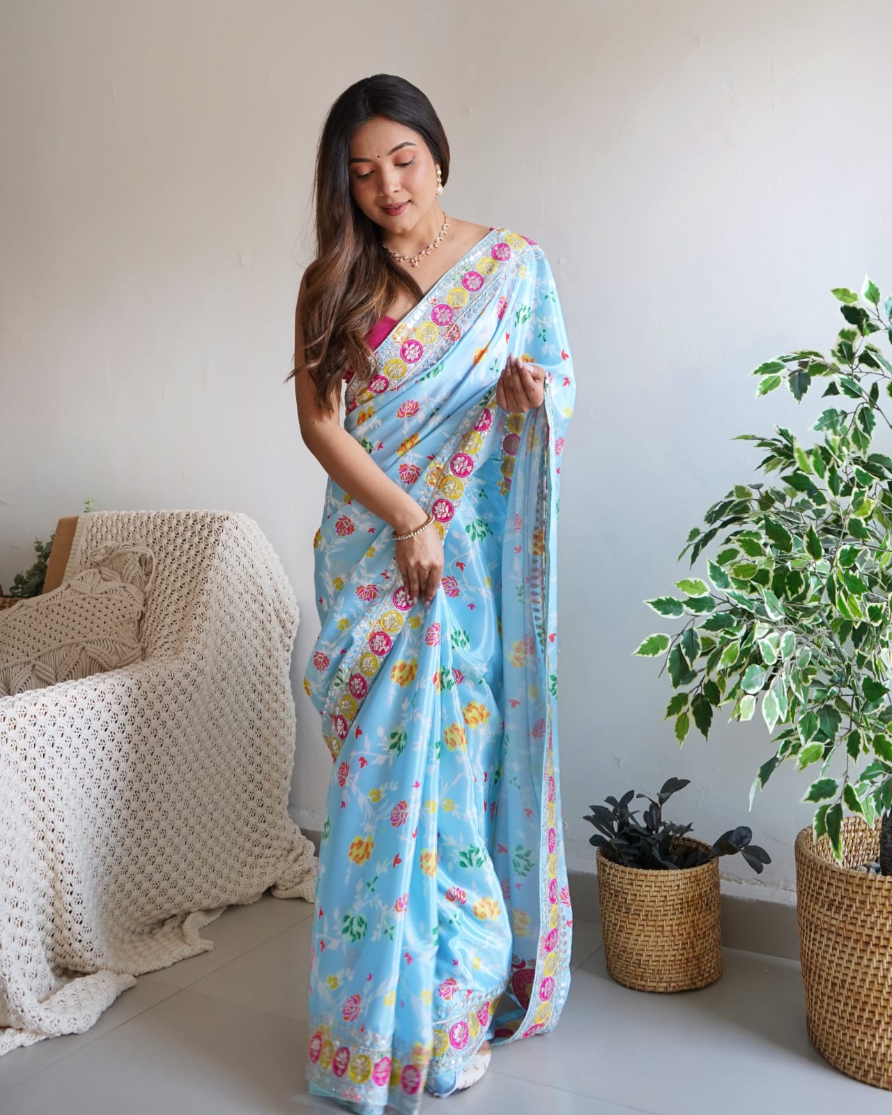 Soft Shiny Chinnon Silk  Print & Designer Sequence  Saree