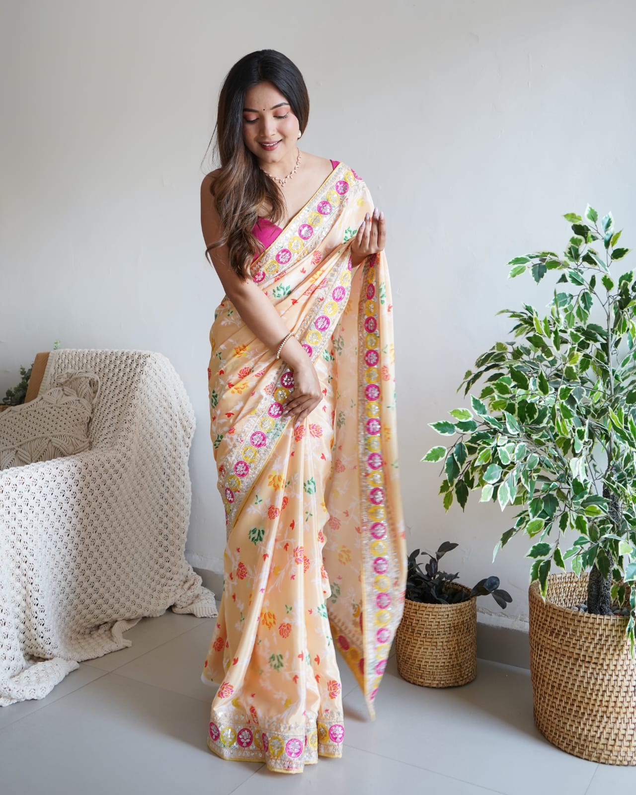 Soft Shiny Chinnon Silk  Print & Designer Sequence  Saree