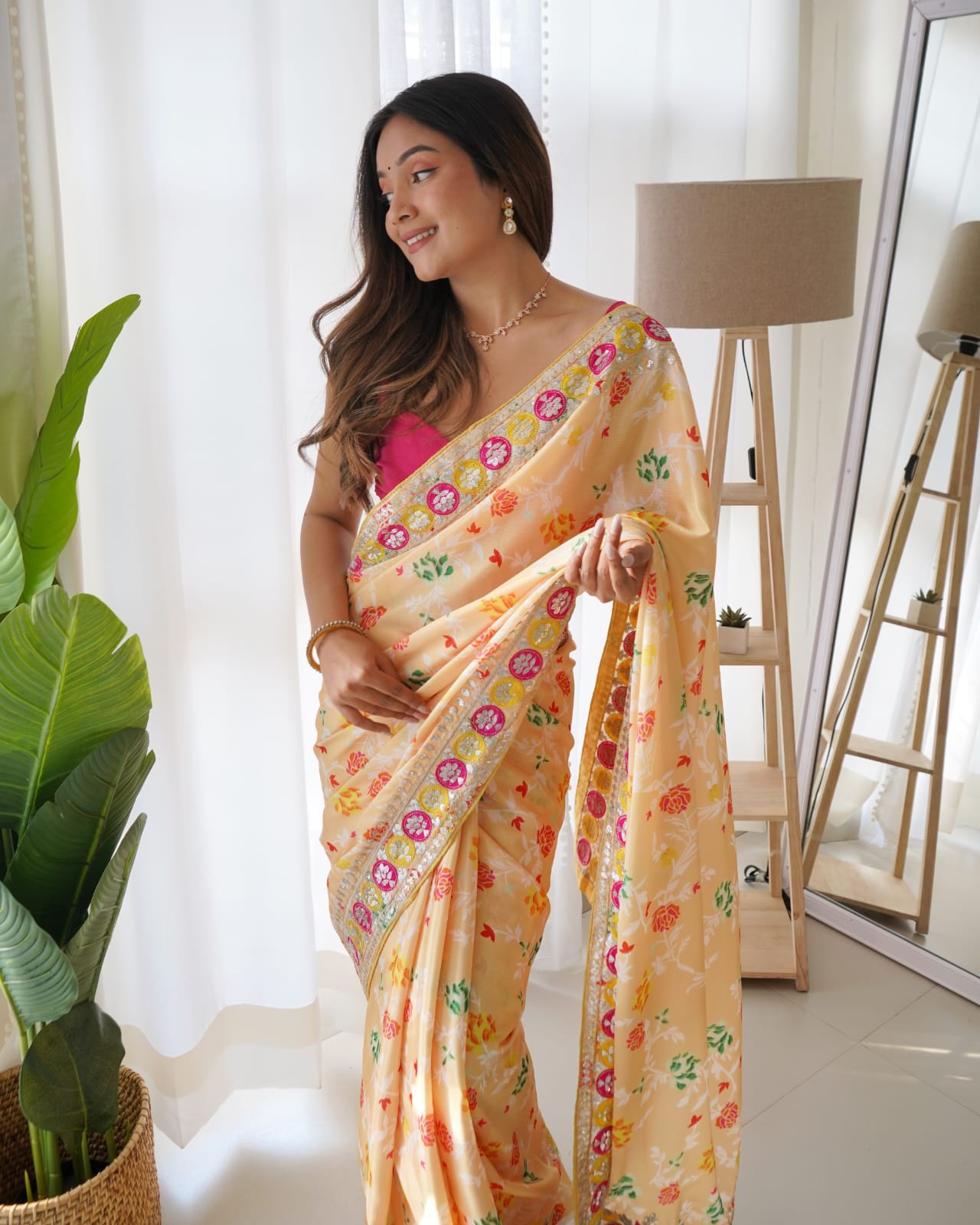 Soft Shiny Chinnon Silk  Print & Designer Sequence  Saree