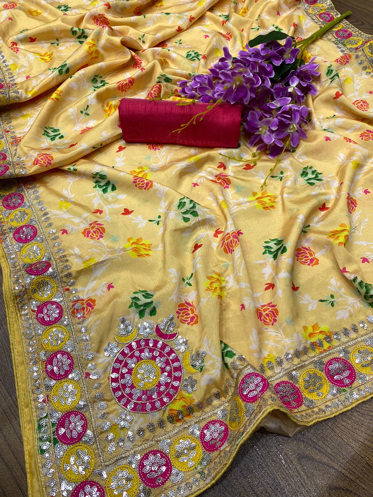 Soft Shiny Chinnon Silk  Print & Designer Sequence  Saree