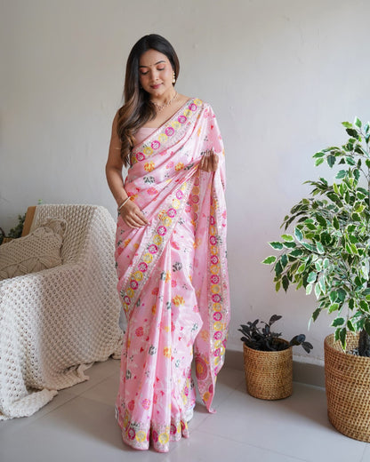 Soft Shiny Chinnon Silk  Print & Designer Sequence  Saree