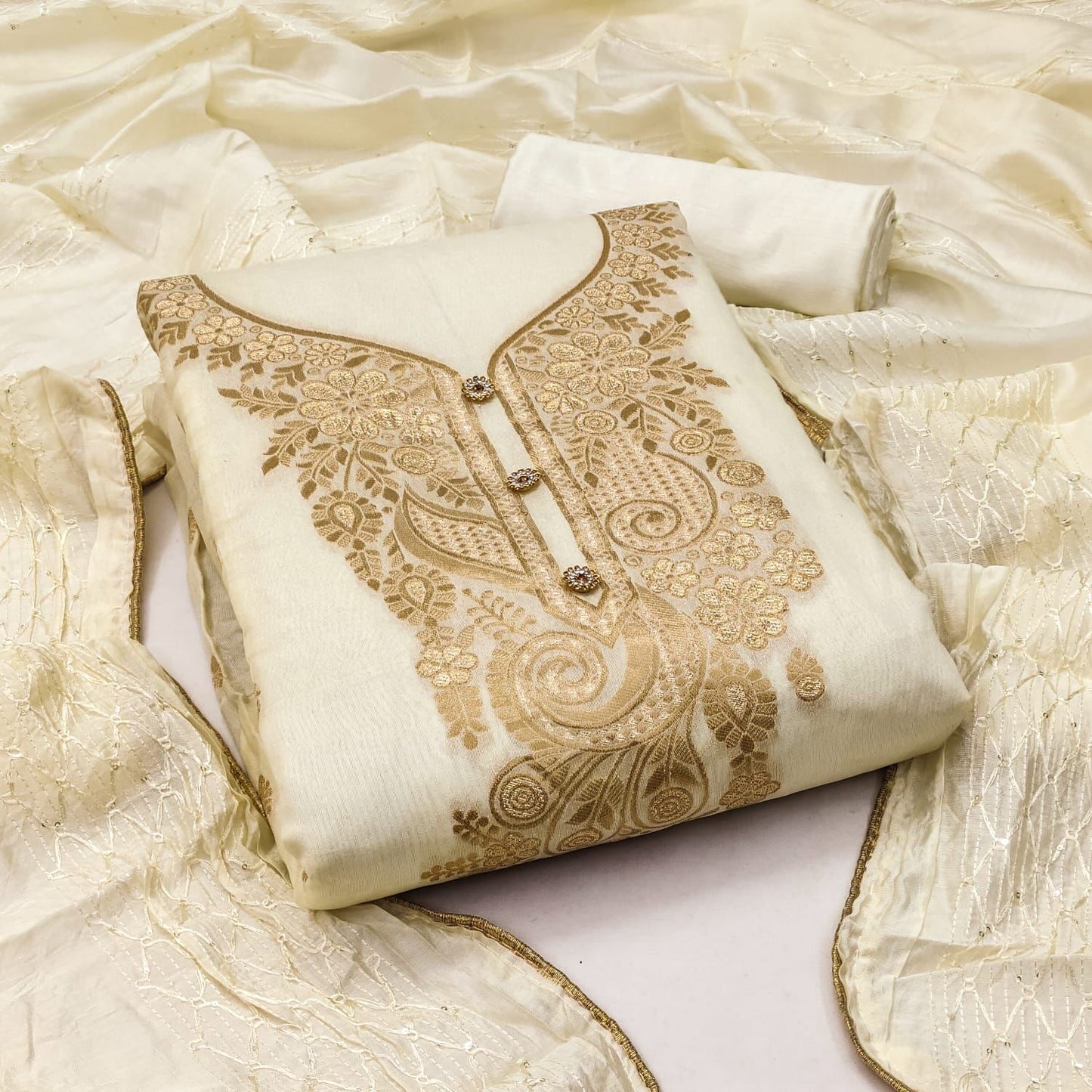 Unstitched Cotton Blend kurti Chanderi Original Banarsi Zequqrd  Suit For Women