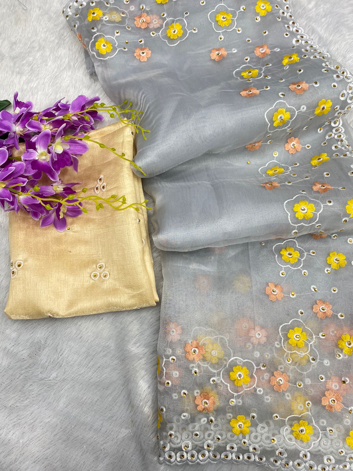 Soft Rich Organza Silk Fabric With Designer Threads Work saree