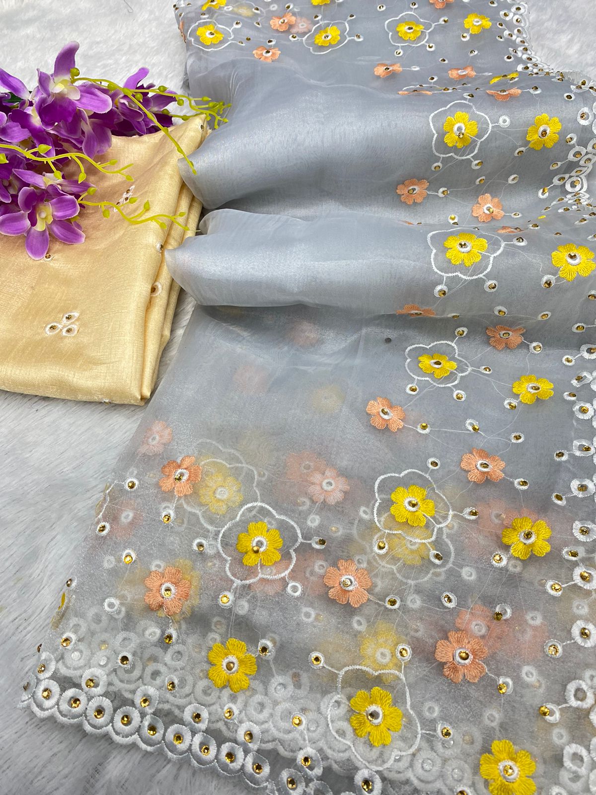 Soft Rich Organza Silk Fabric With Designer Threads Work saree