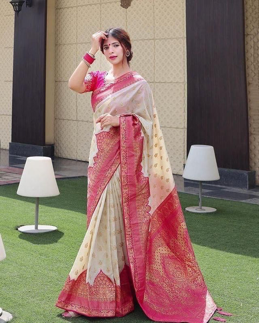 Woven Stiped Banarasi Cotton Linen Silk Saree