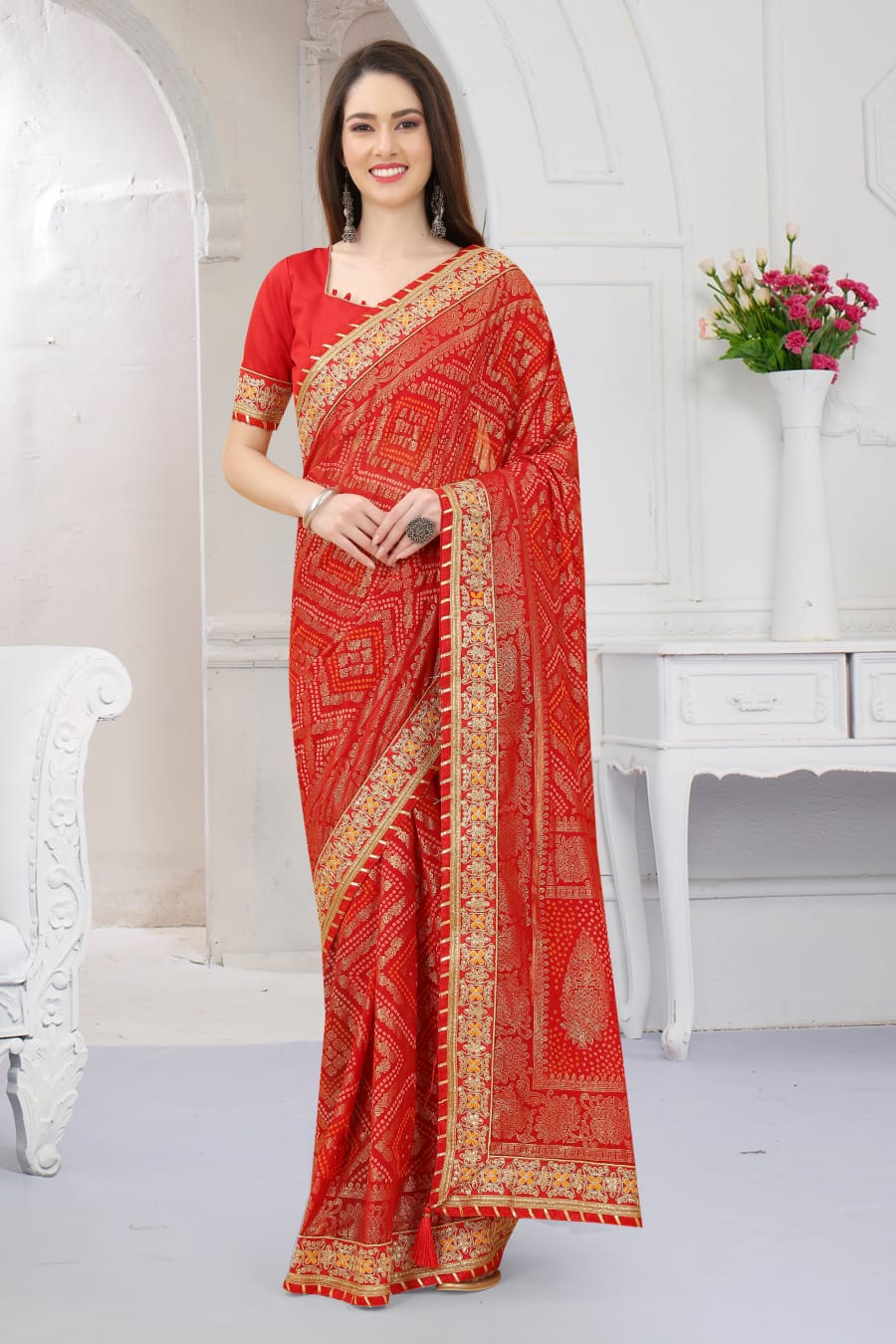 Georgatte Embroidery With Foil Print Saree