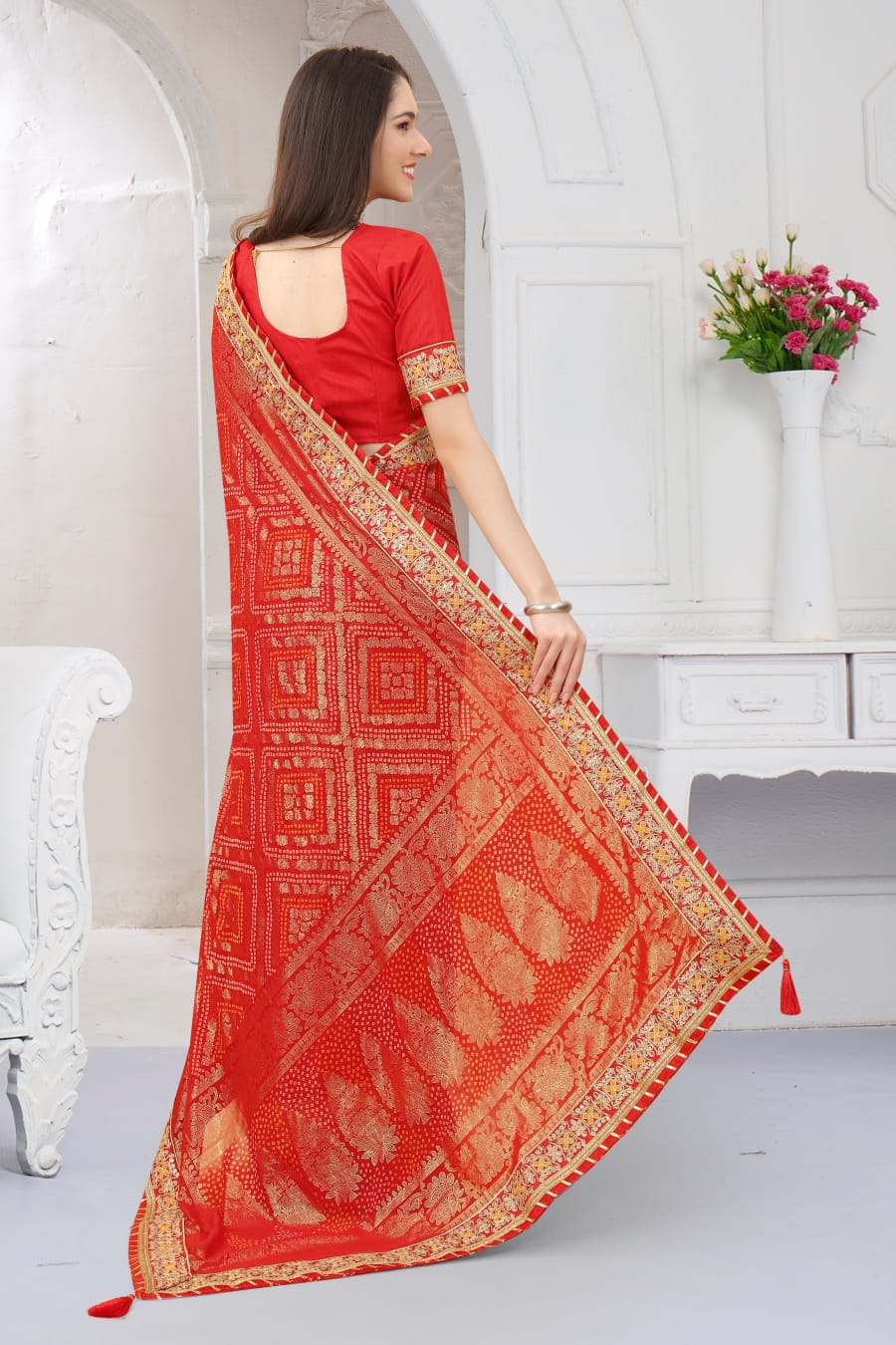 Georgatte Embroidery With Foil Print Saree