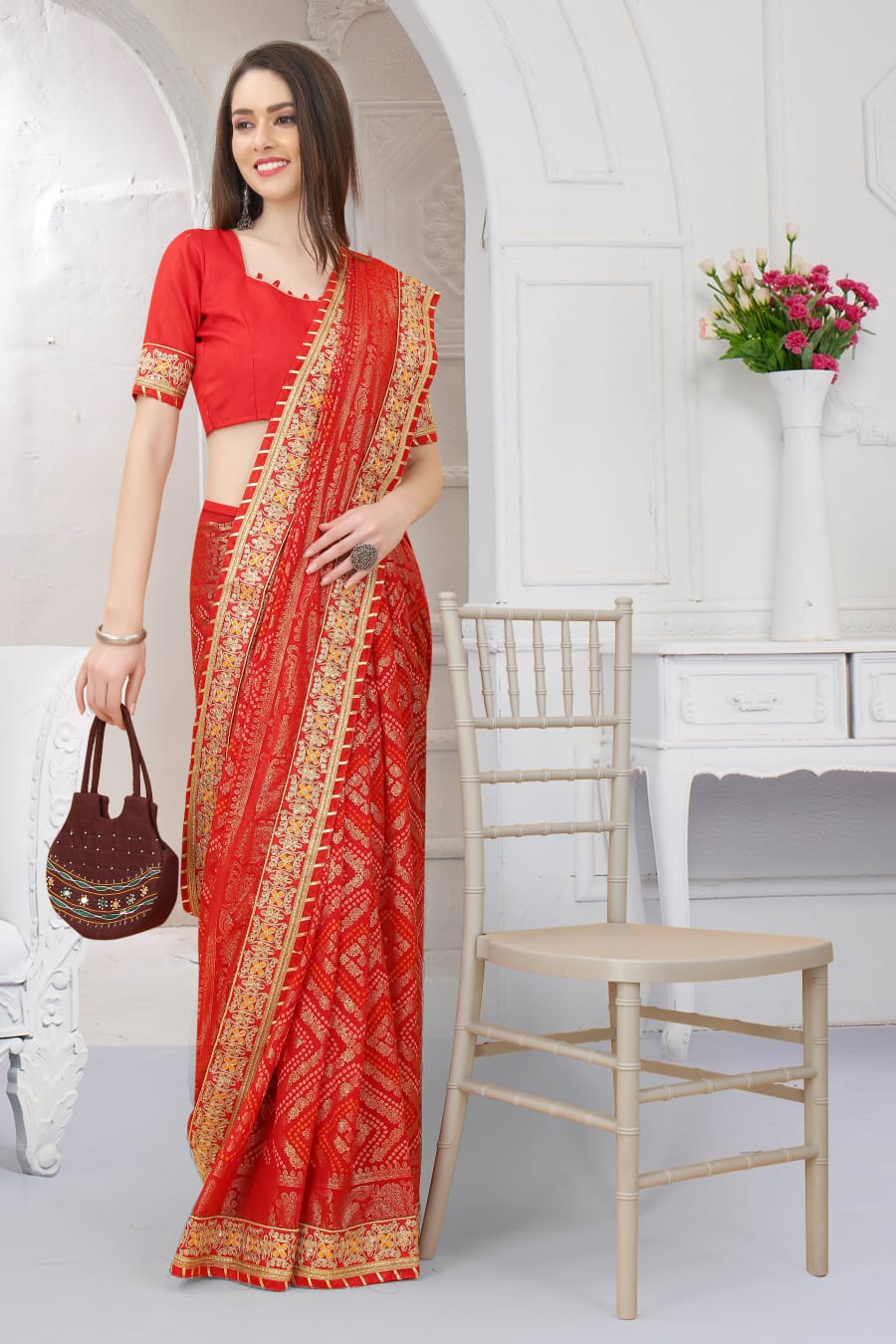 Georgatte Embroidery With Foil Print Saree