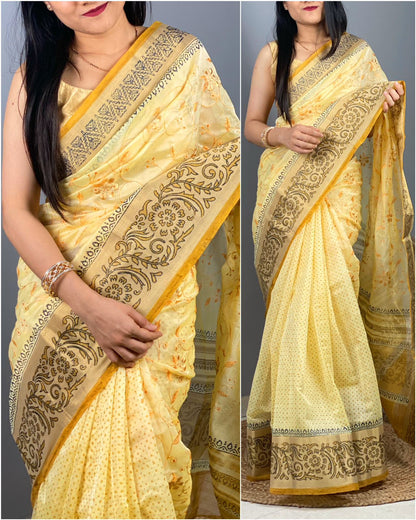 Soft Cotton Organza Hand Block Print Saree