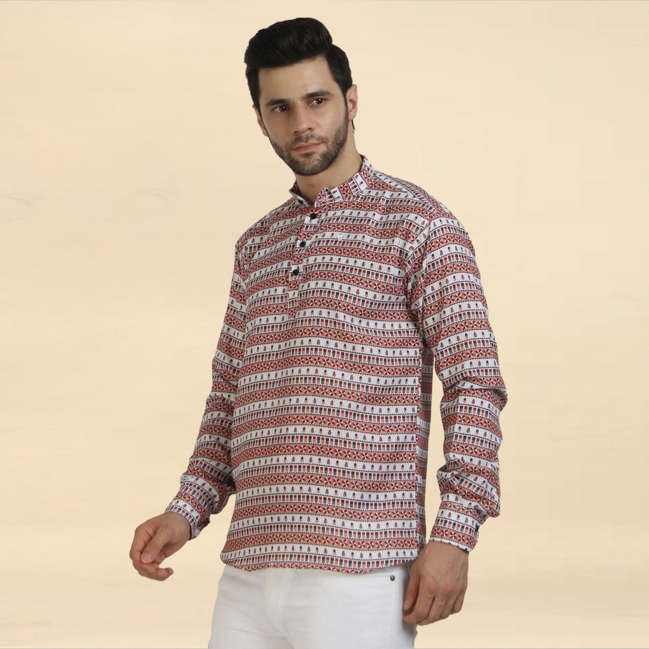 Men's Cotton Printed Regular Short Kurta Shirt