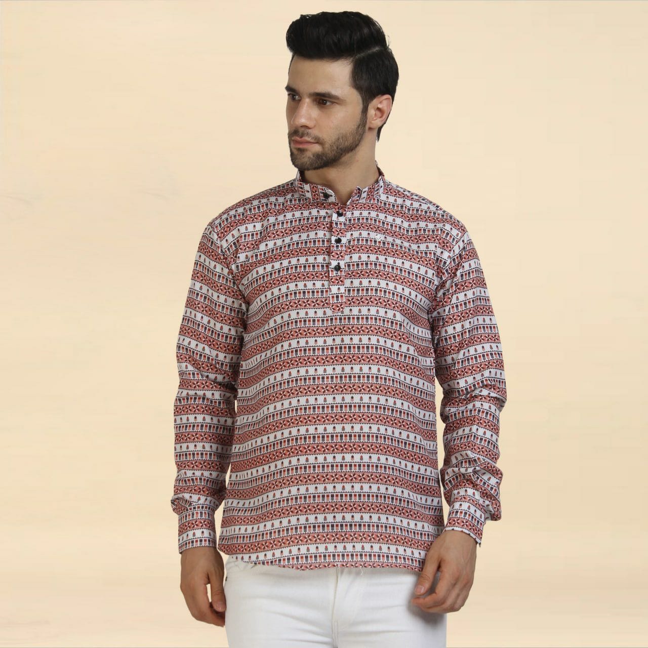 Men's Cotton Printed Regular Short Kurta Shirt