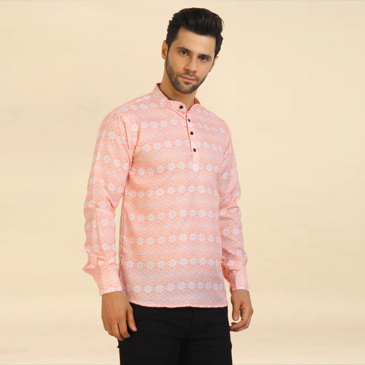 Men's Cotton Printed Regular Short Kurta