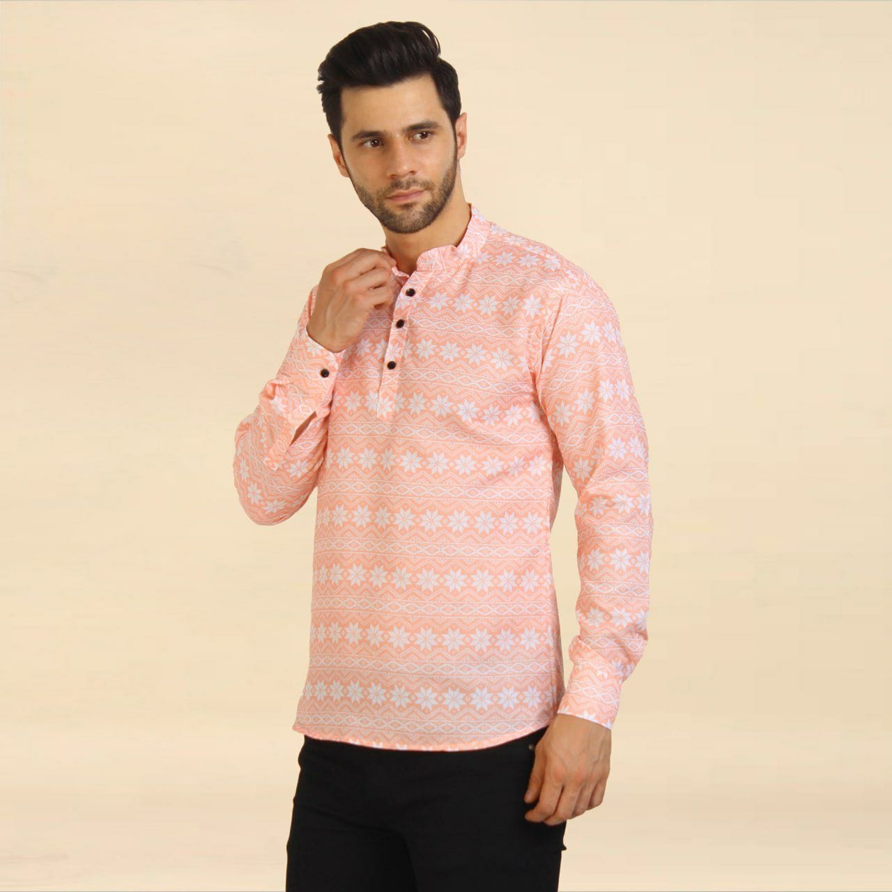 Men's Cotton Printed Regular Short Kurta