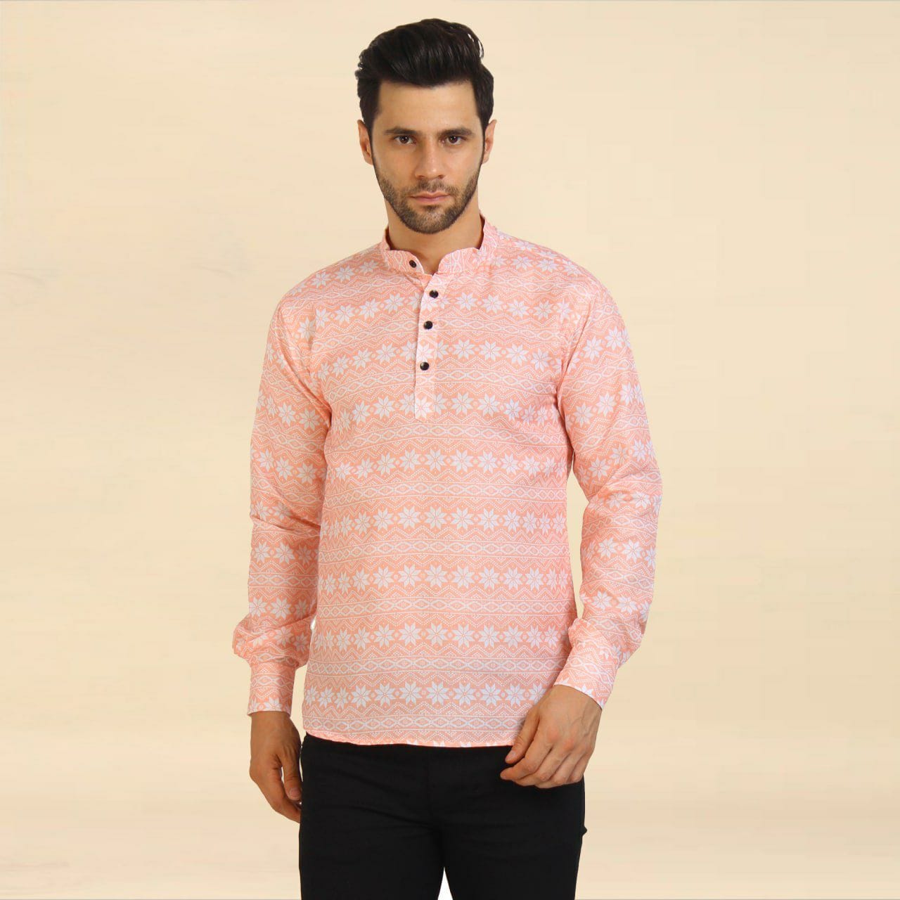 Men's Cotton Printed Regular Short Kurta