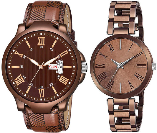 Multi Color Brown  Analog Couple Watch for Men and Women - Combo of 2