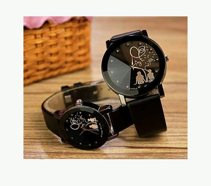 Analogue Black Dial Leather Belt Men & Women Love Couple Watch - Popularr Couple Pack of - 2
